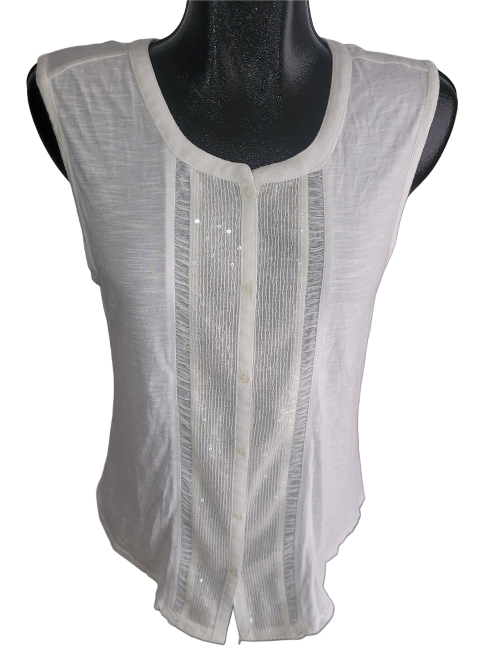 American Eagle White Sleeveless Button Front Top with Pleated Sequin Panel M